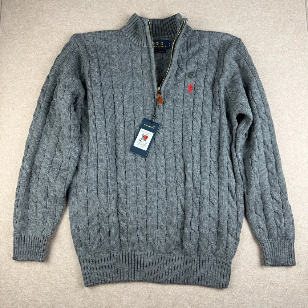 Polo Ralph Lauren Sweater Mens Medium Custom Slim Fit Gray Cable Knit 1/4 Zip